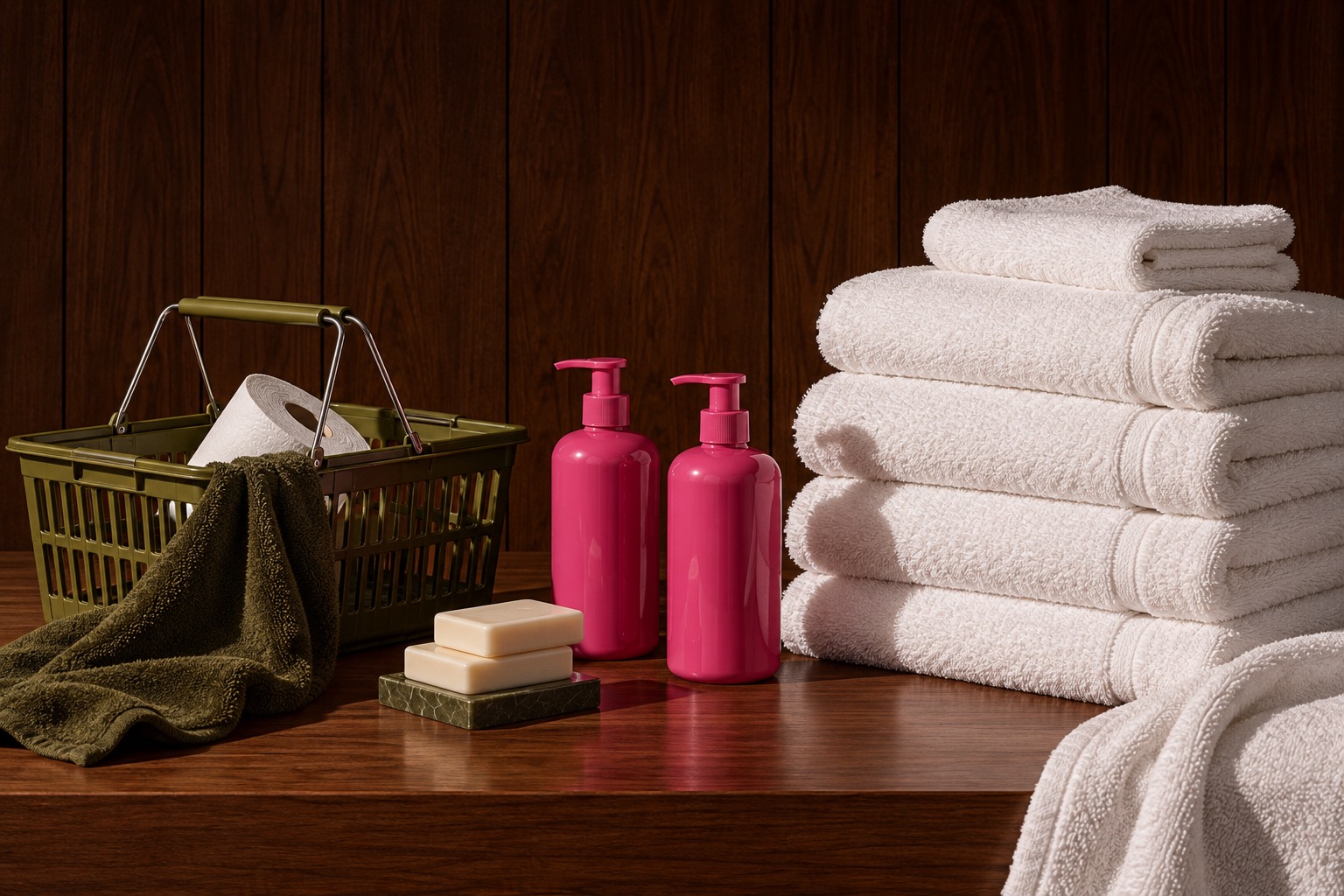 Guest towels and pink toiletries in an olive basket