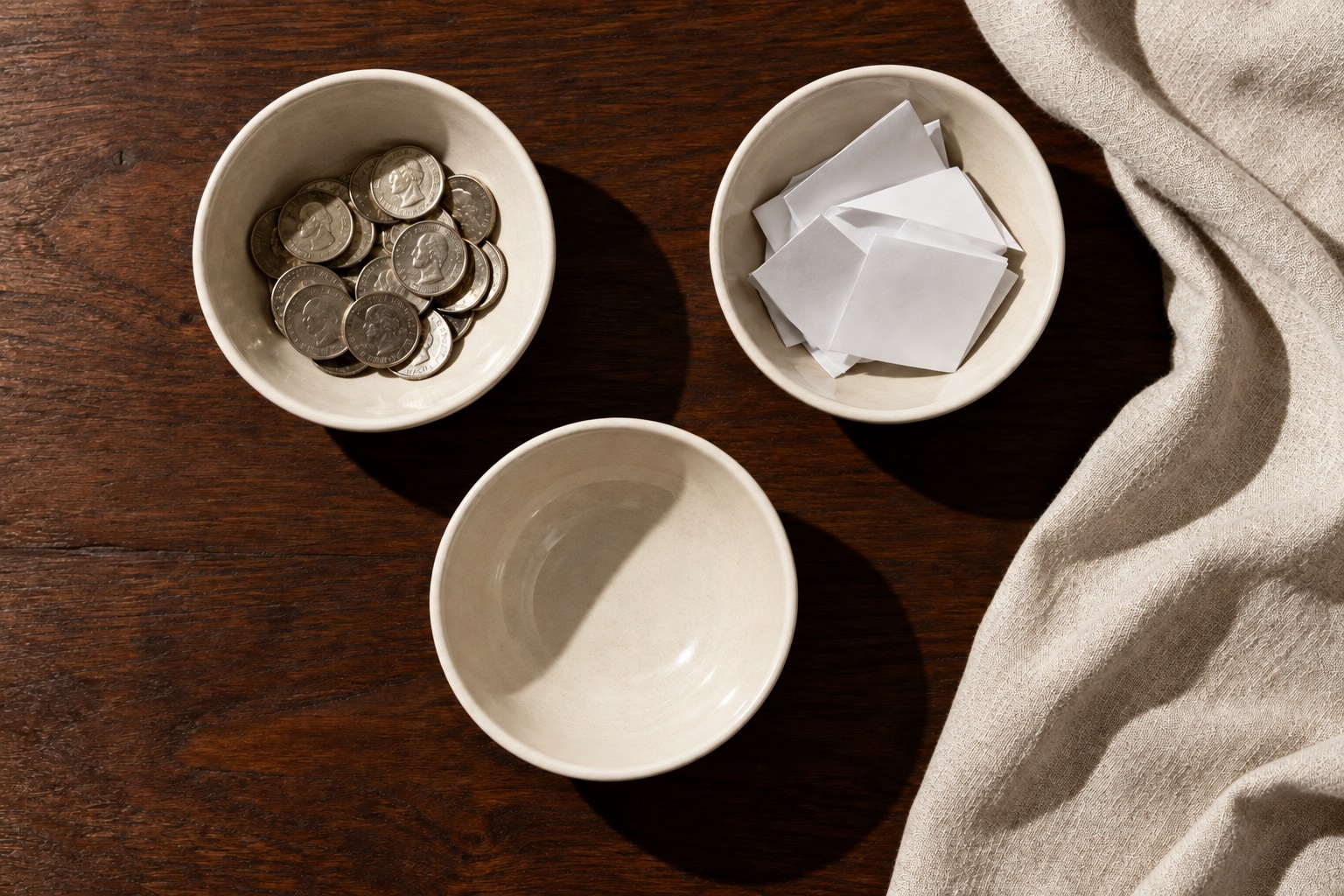 Ivory ceramic bowls for coins and paperwork on a walnut table