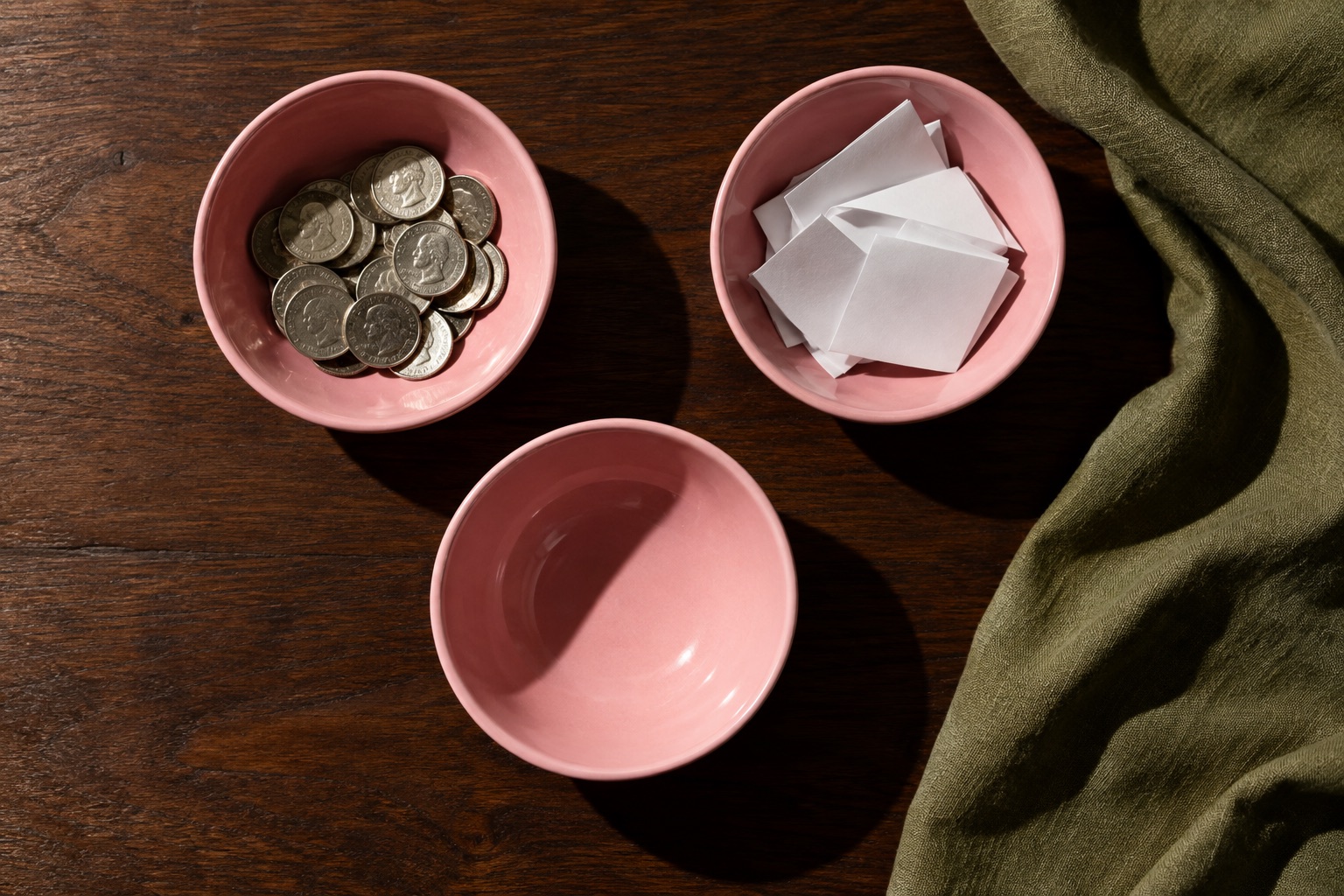 Pink ceramic bowls for coins and paperwork on a walnut table