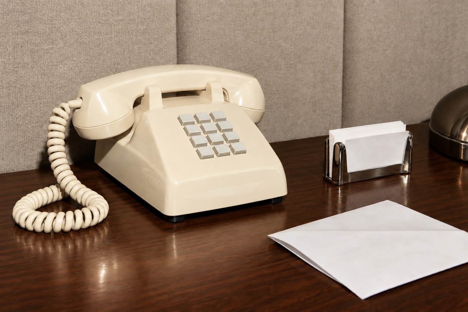 An ivory telephone and invoice on a walnut desk