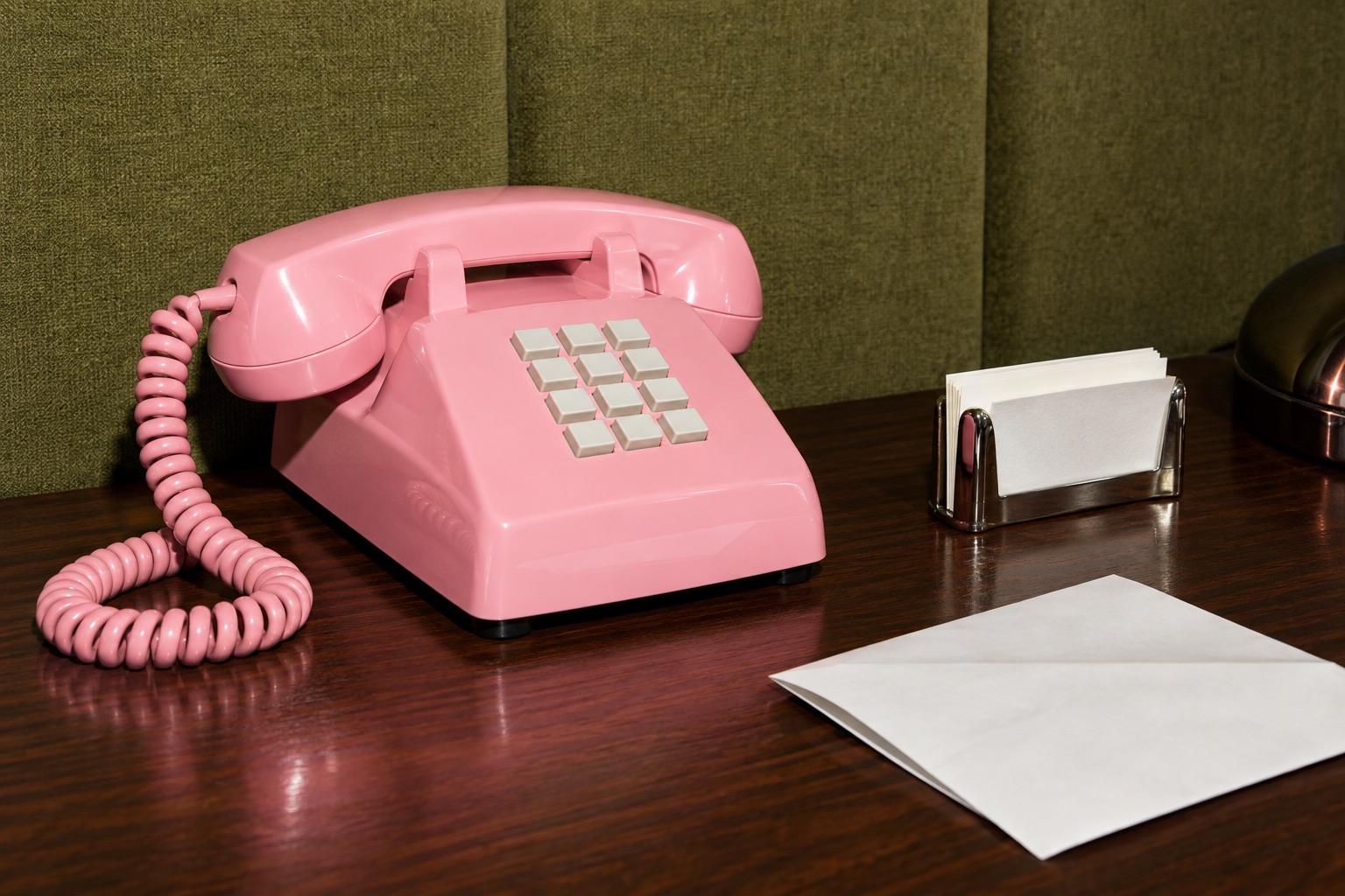 A pink telephone and invoice on a walnut desk