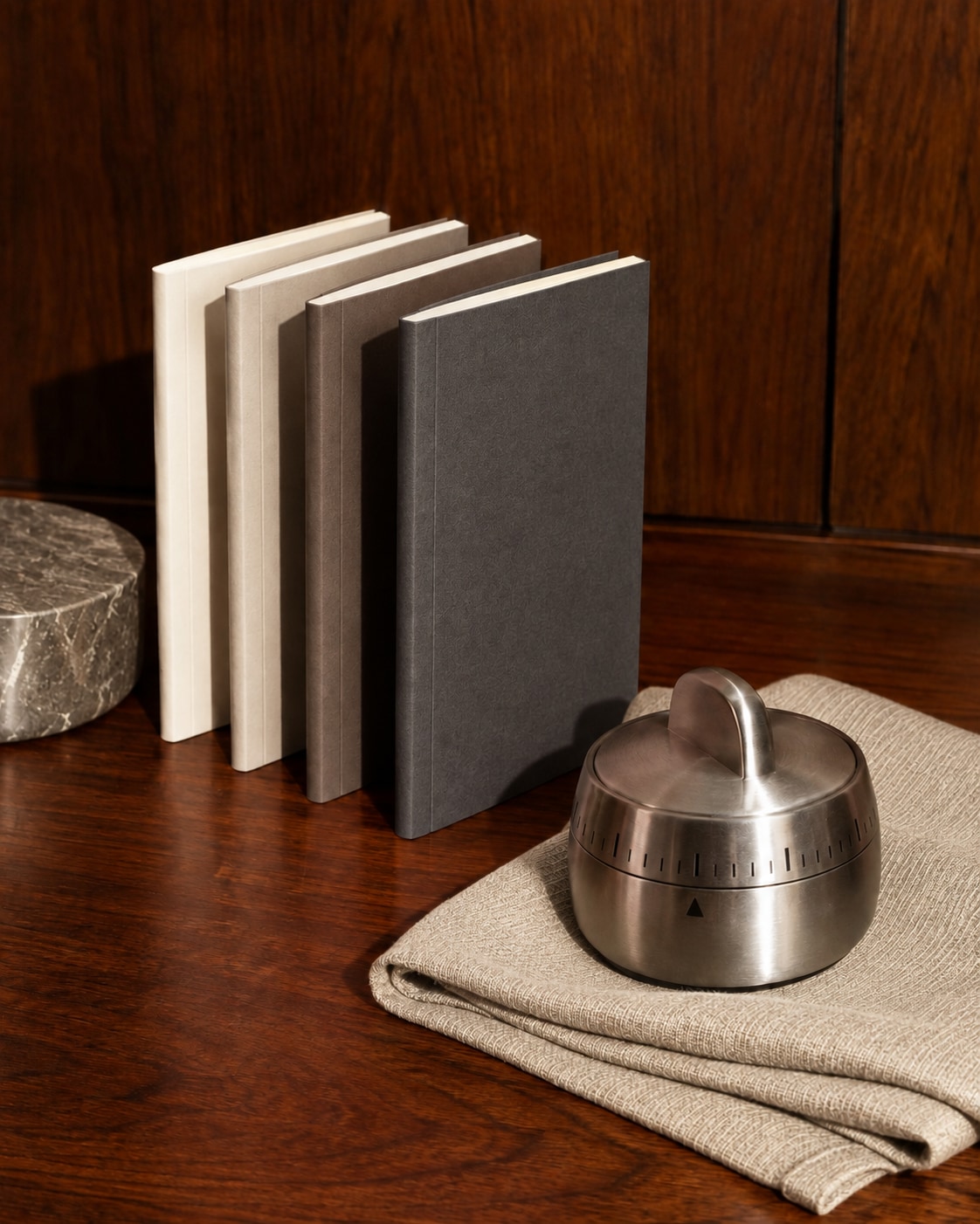 Neutral-toned notebooks and a silver timer on walnut wood